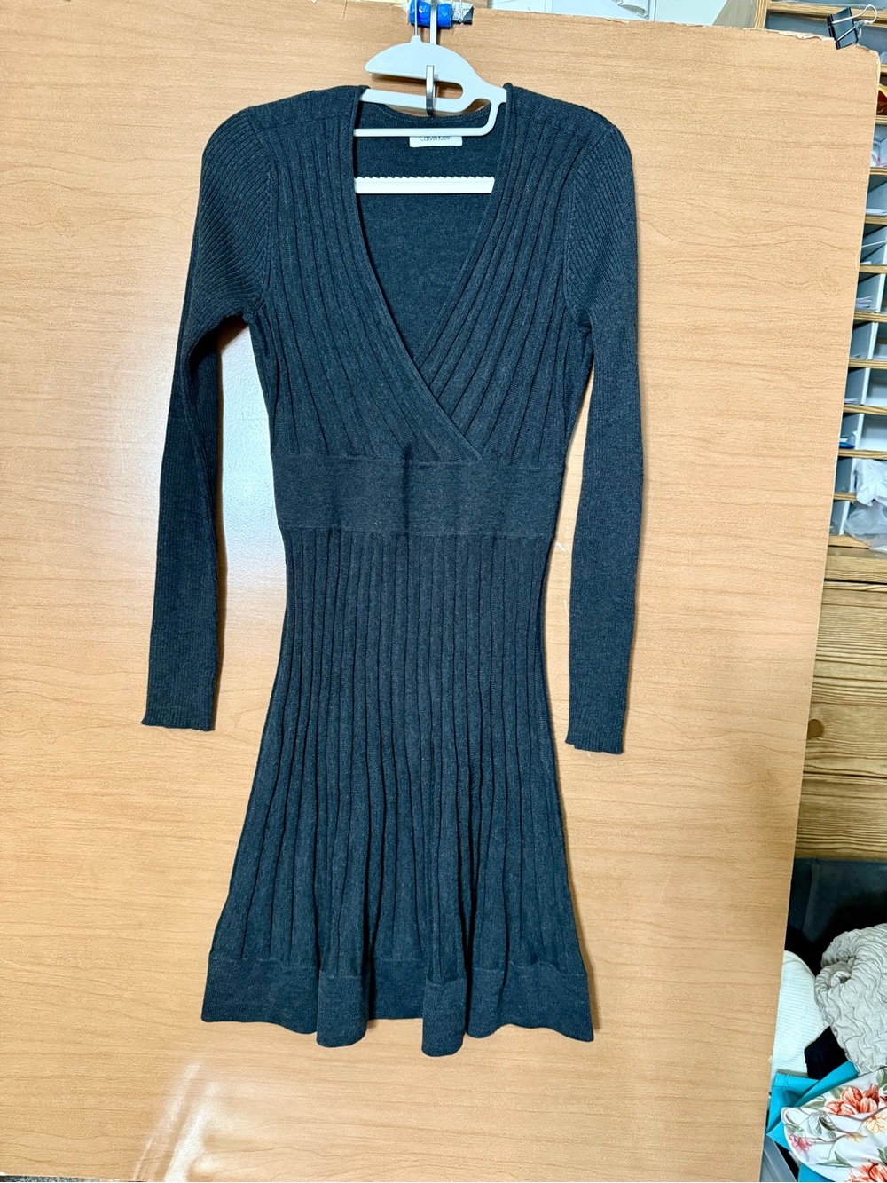 Calvin Klein Charcoal Ribbed V-Neck Long Sleeve Dress